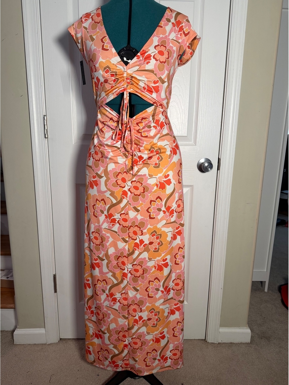 AFRM Anthropologie Floral Cutout Maxi Dress Retro 70s Boho Ruched Tie Front